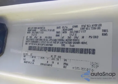 2016 Ford F-150 Xl из США, поврежденный, VIN 1FTEX1C8XGFC45789